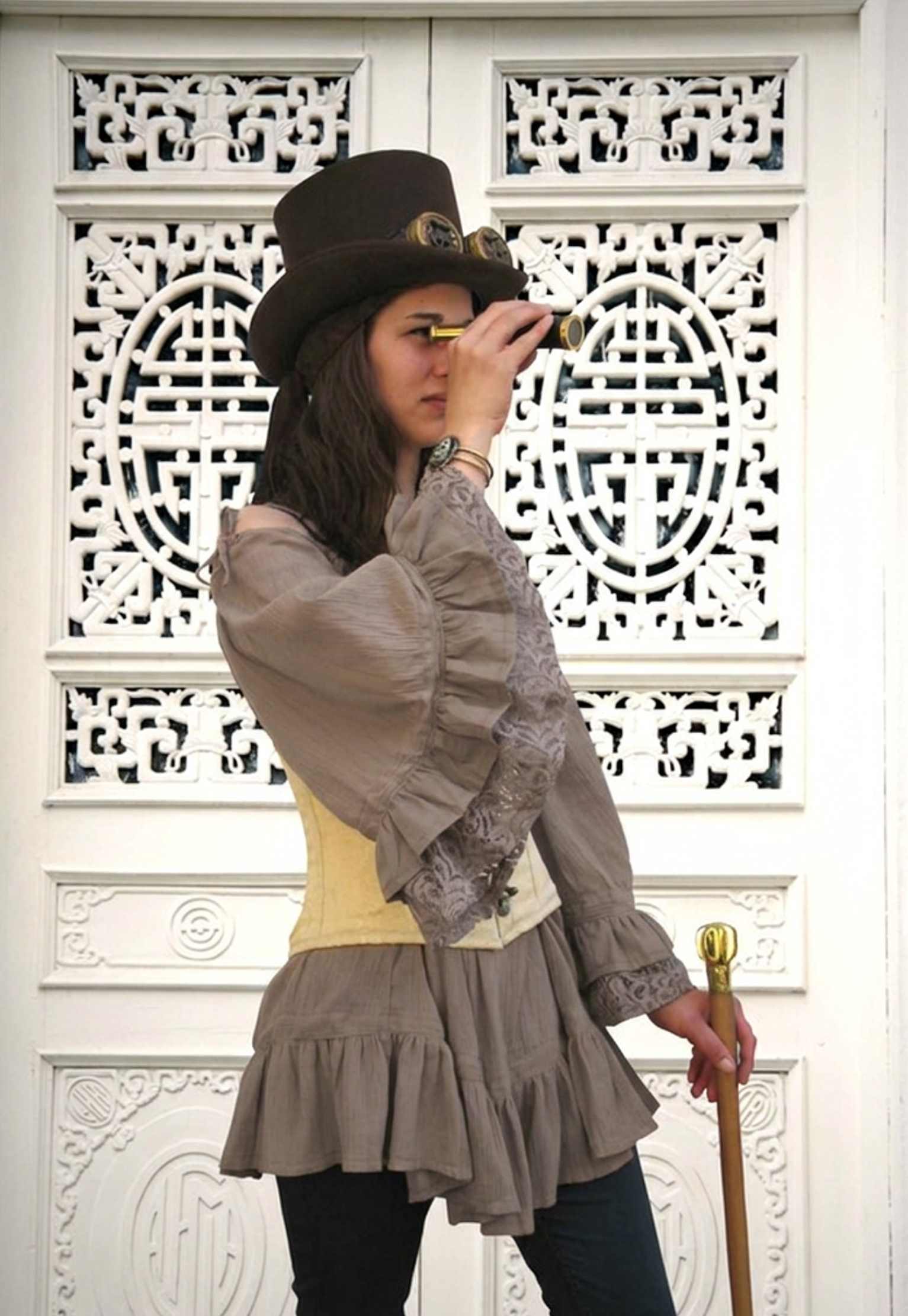 Piratenbluse Rüschenärmel Steampunk taupe S/M