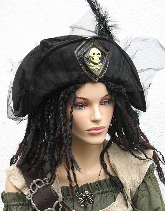 Karneval Kostüm Piratenhut schwarz Dreispitz mit Totenkopf als Faschingshut 